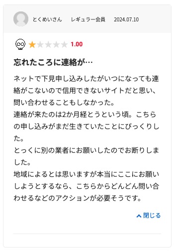 生活堂の悪い口コミ評判「発注後に担当者から全く連絡がなかった」